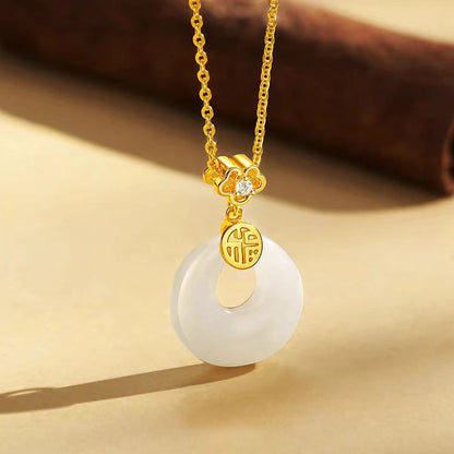S925 Sterling Silver Hetian Jade Necklace for Women, Chinese Style with the Character for Fortune, Versatile Light Luxury Collarbone Chain, Elegant Gift Accessory, Jade