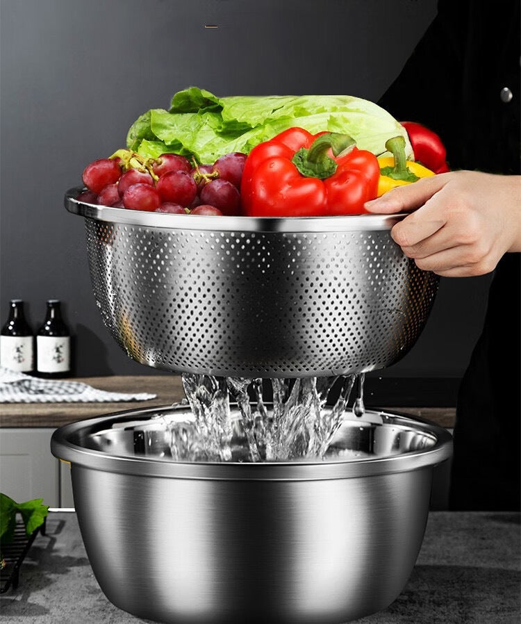 304 Stainless Steel Basin Drain Basket Vegetable Basket Household Rice Washing Sieve Thickeneded Cooking Basin and Basin Vegetable Basin Wholesale