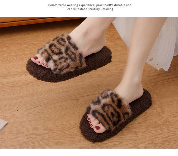 2025 Autumn and Winter Furry Slippers, Leopard Print, Retro Fashion, Home Lazy Soft Sole, Comfortable Home Slippers