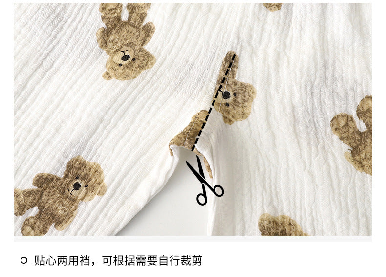 Children's Thin Double-Layer Gauze Pajamas Two-Piece Set Summer Girls Home Clothes Baby Boy Long-Sleeved Bloomers Set