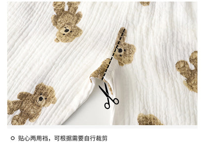 Children's Thin Double-Layer Gauze Pajamas Two-Piece Set Summer Girls Home Clothes Baby Boy Long-Sleeved Bloomers Set