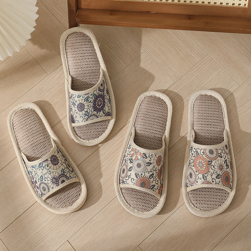 New Summer Open-Toe Home Slippers, Non-Slip, for Men and Women, Couples, Indoor, Blue and White Porcelain, Wooden Floor, Light Foam Sole, Cotton and Linen