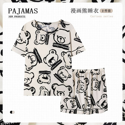 New Style Pajamas Women's Summer Short-sleeved Pullover Thin Cartoon Cartoon Bear Girl Home Clothes suit Women's Outwear