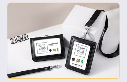 Work Card Case Detached Double Card Position Genuine Leather Folding Card Case Chest Card Lanyard Access Control Card Student School Card Rice