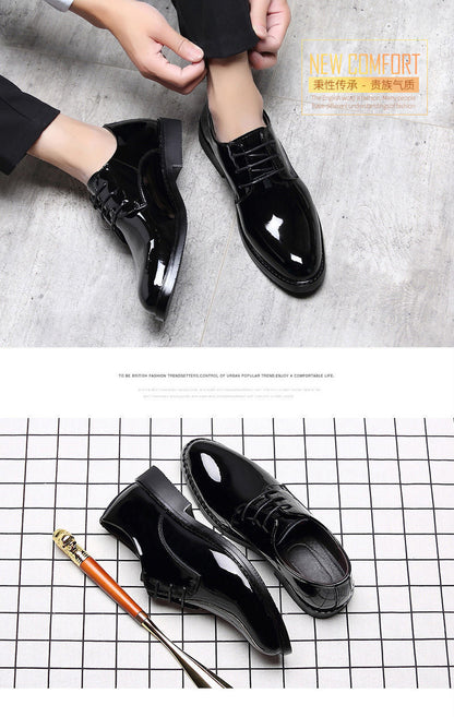 Men's Business Formal Wear Genuine Leather Black Patent Leather Shoes Men's Trendy Shoes for Work Spring and Autumn Korean Style British Pointed Toe Men's Shoes