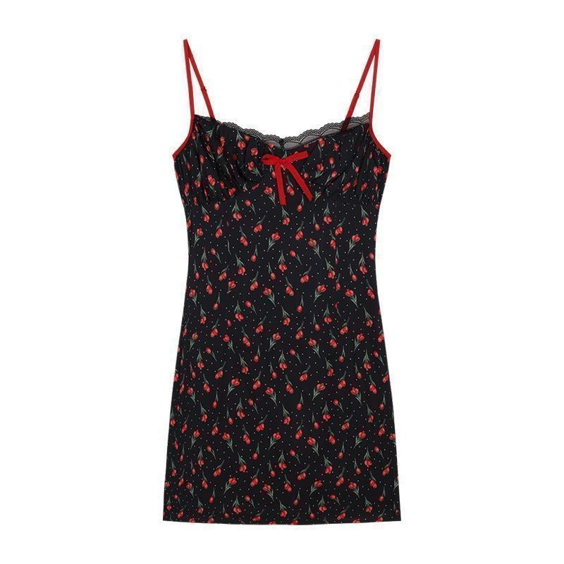Plus Size Fat mm French Sweet Sexy Sweet Contrasting Suspender Skirt Women's Summer Red Cardigan + Floral Skirt Two-Piece Set