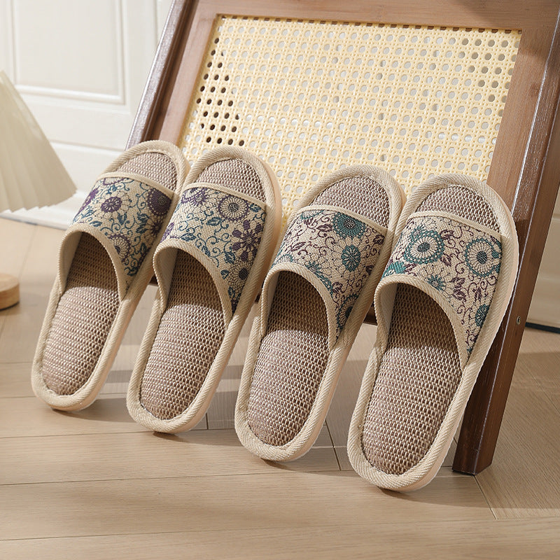 New Summer Open-Toe Home Slippers, Non-Slip, for Men and Women, Couples, Indoor, Blue and White Porcelain, Wooden Floor, Light Foam Sole, Cotton and Linen