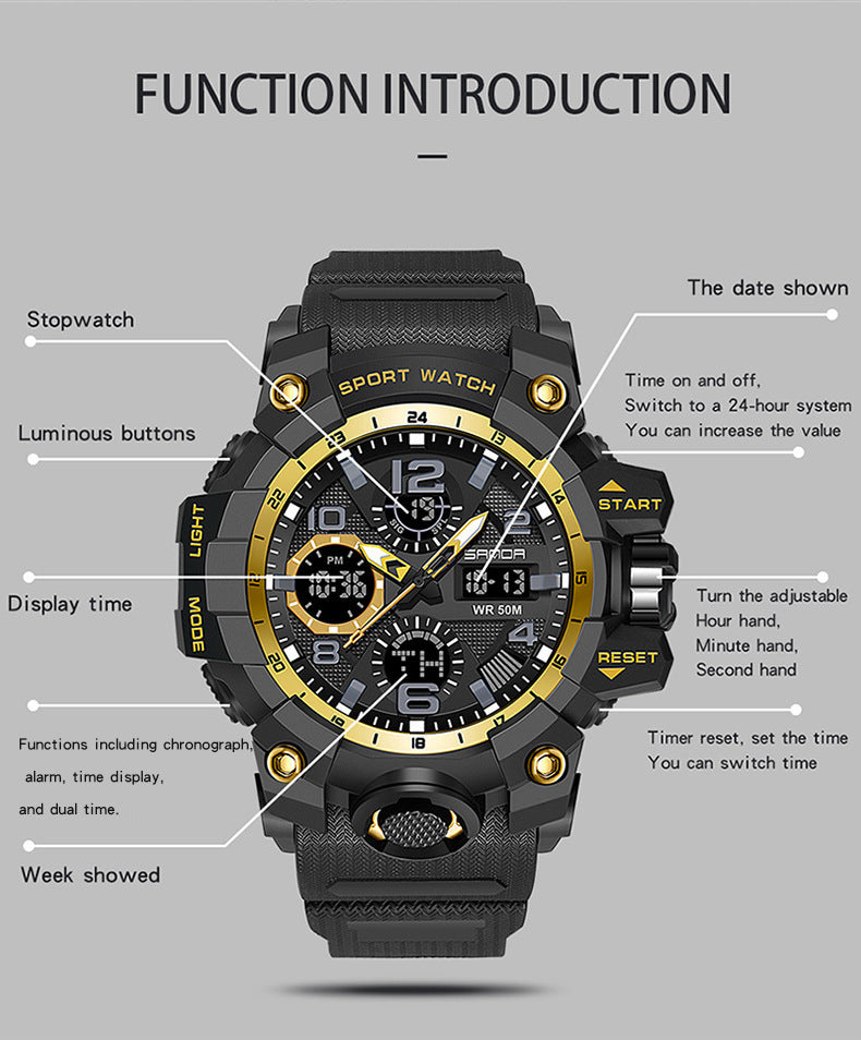 Sanda Hot-Selling Watch Korean Version Student Party Multi-Functional Waterproof Alarm Clock Electronic Watch Cool Dual Display Luminous Sports Watch by PDG ibma