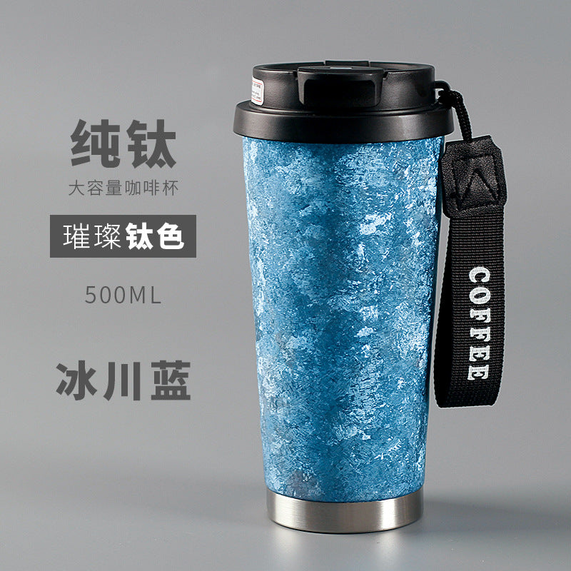 Pure Titanium Insulated Cup with Strap, Coffee Cup, Car-Mounted One-Handed Opening Lid, Antibacterial and Fresh-Keeping Titanium Cup, Fully Titanium Car-Mounted Portable