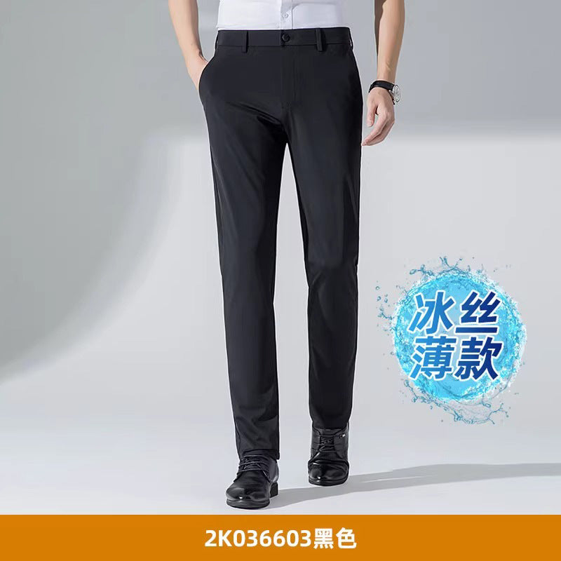 Business Pants Men's Casual Pants Summer Ultra-thin Stretch Ice Silk Men's Pants Middle-aged Loose Straight Suit Pants