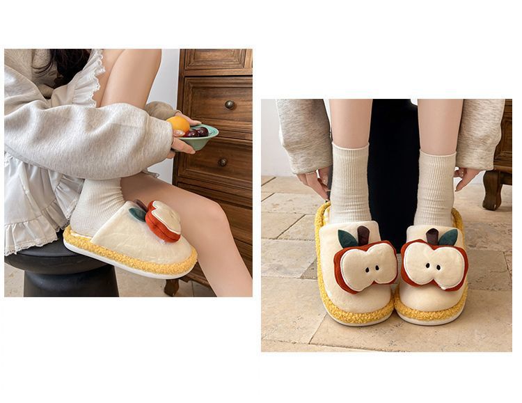 Apple Cute Closed-Toe Plush Cotton Slippers for Women, Winter 2026 New Model, Indoor Home Warm Non-Slip Odor-Resistant