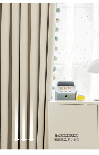 Cream-Colored Chenille Blackout Curtains for Children's Room, Sleeping Beauty Style, with Pom-Pom Design, Custom-Made Finished Product