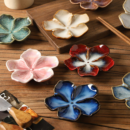 Retro Japanese Ceramic Plate Flower-Shaped Small Plate Creative Flavor Plate Dipping Plate Small Dish Multi-Color Kiln-Turned Plate