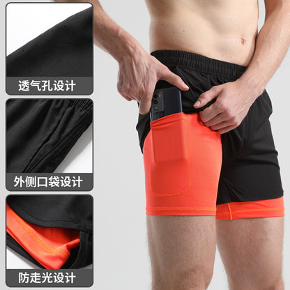 Men's Quick-drying Sports Shorts Fake Two-piece Fitness Triple Pants Marathon Running Pants Invisible Pocket for Mobile Phone