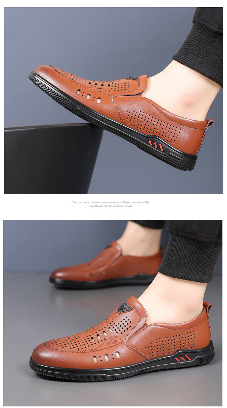 Summer Leather Shoes for Men, Casual Hollow Breathable Clogs, Soft Sole, Soft Mesh Shoes, Foreign Style Men's Shoes, Drop Shipping