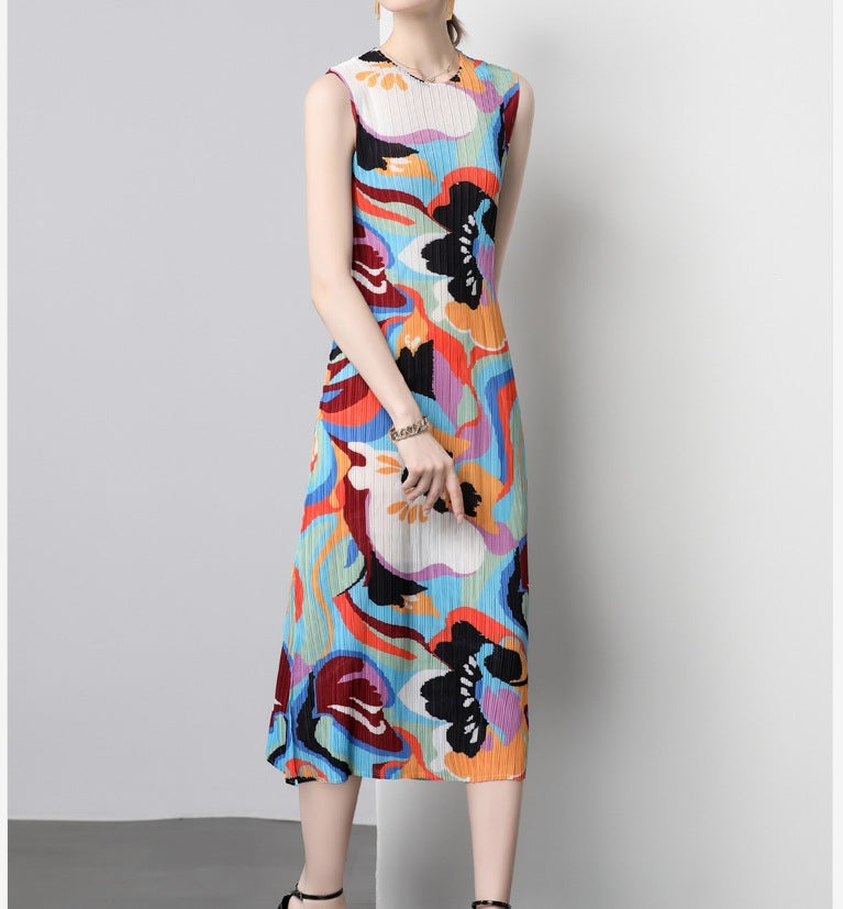 In Stock Miyake Dress Printed Elegant Elegant High-End Loose Slimming Look Elegant Round Neck Sleeveless Pleated Skirt