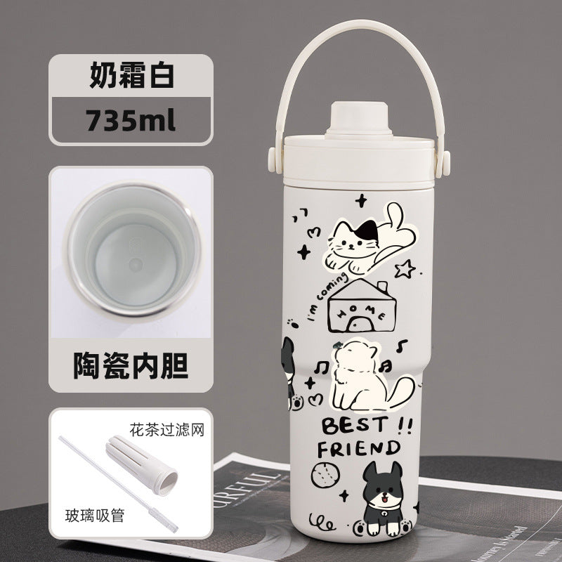 Cross-border high-value 316 stainless steel thermos cup large-capacity double-drink ceramic liner car cup portable handle cup