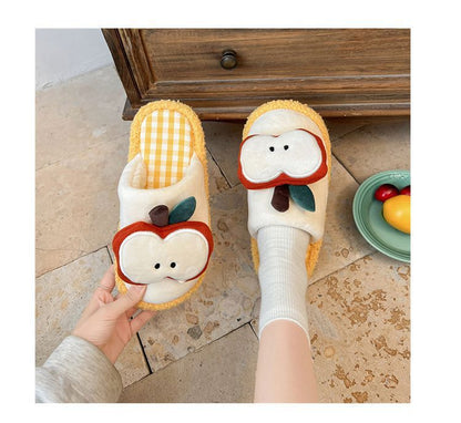 Apple Cute Closed-Toe Plush Cotton Slippers for Women, Winter 2026 New Model, Indoor Home Warm Non-Slip Odor-Resistant