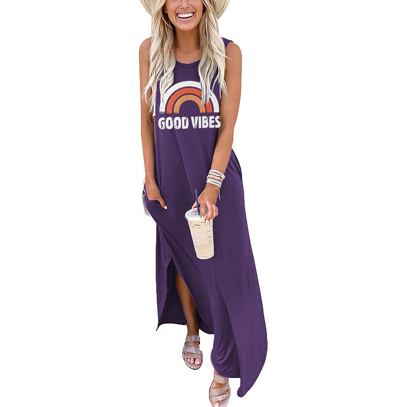 Spot Amazon Independent Station Ebay Women's Dress Good Vibes Rainbow Flap Pocket Pants Casual Sleeveless Long Skirt