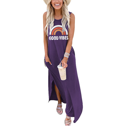 Spot Amazon Independent Station Ebay Women's Dress Good Vibes Rainbow Flap Pocket Pants Casual Sleeveless Long Skirt