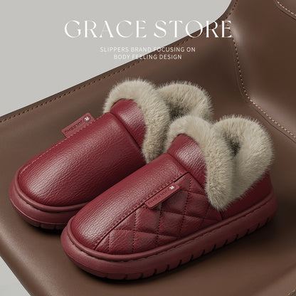 Waterproof Cotton Slippers for Women, Autumn and Winter 2026 New Model, Home Warm Indoor Shoes with Thick Soles, Non-Slip Leather Surface Cotton Shoes for Elderly Men