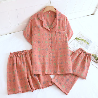 Yarn-dyed cotton pajamas women's summer short-sleeved printed summer retro loose home wear three-piece set can be worn outside