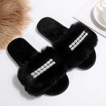 New Foreign Trade Pearl Chain Large Plush Flat Slippers for Women, Fashionable Open-Toe Home Cotton Slippers for Cross-Border