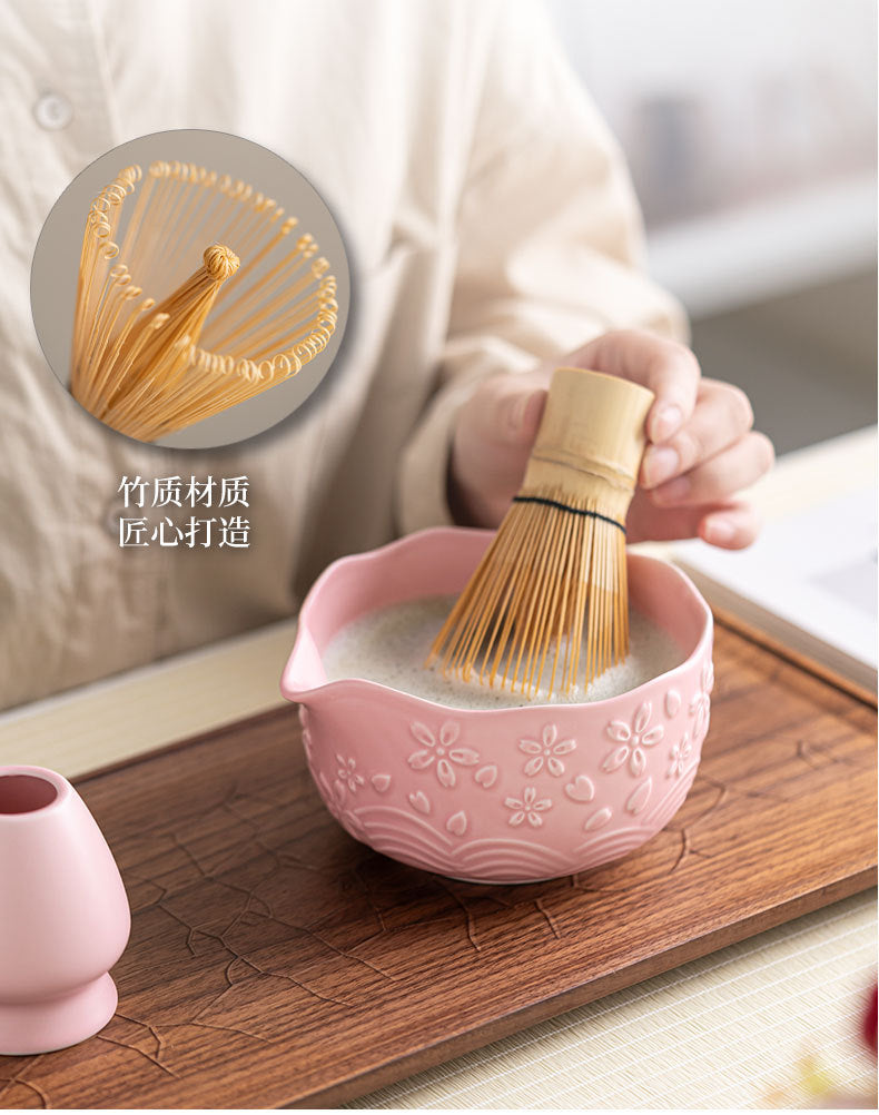 Directly Supplied from the Manufacturer, Exclusively for Cross-Border Trade, Ceramic Matcha Bowl Set with Embossed Cherry Blossom Design, 7-Piece Set with Spout, High Aesthetic Value, Color Box Packaging