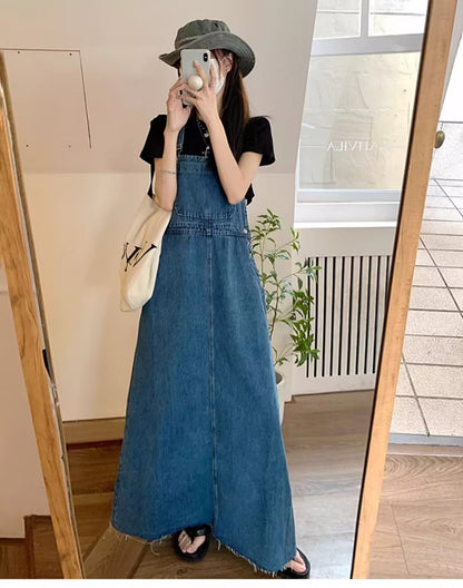 Age-Reducing and Slimming Denim Suspender Dress for Women, 2026 Autumn New Style, Loose Fit, Long Dress for Tall Women, Blue Dress