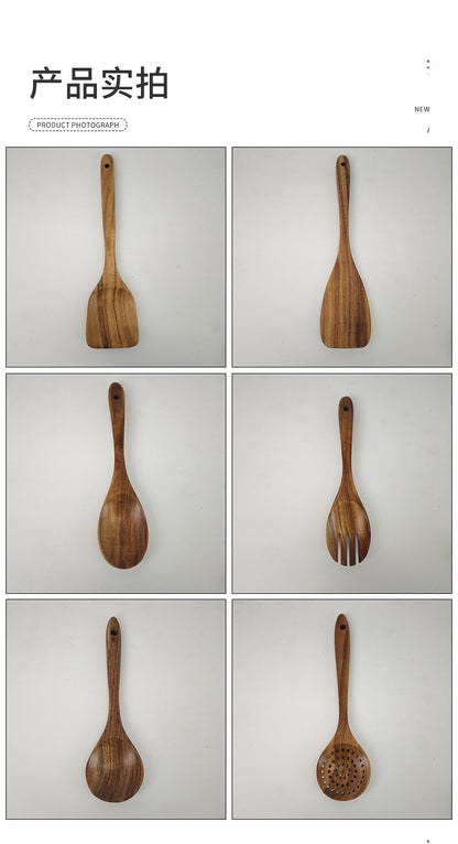 Teak Wood Six-Piece Set, Solid Wood, Environmentally Friendly, Does Not Damage Pots, Good Heat Insulation, Kitchen Functional Spoon and Spatula Set