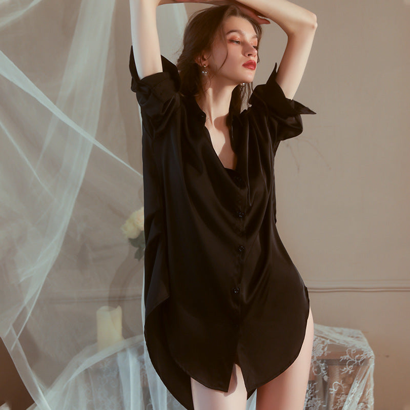 Sexy Pajamas Women 2024 Summer Shirt Dress Boyfriend Wind Long Charming Nightgown Lace Shorts suit Women