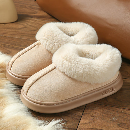2025 Cross-Border New Pure Color Suede Splicing Home Slippers Thick-Soled Non-Slip Plush Warm Couple Cotton Shoes for Women