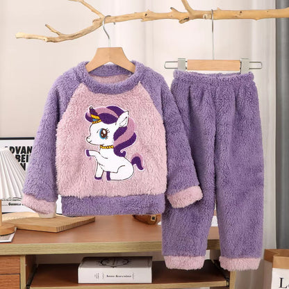 New Kidsren's Flannel Pajamas Set Autumn and Winter Boys and Girls Coral Velvet Thickeneded Home Clothes Two-piece Set