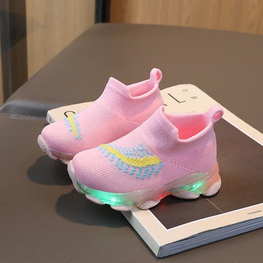 Spring LED lights men's and women's children's shoes factory direct breathable fly woven socks shoes luminous sports shoes spot
