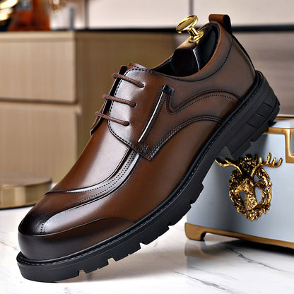Men's Business Casual Leather Shoes with Large Toe, Thick Sole, Lace-Up, Hollow-Out Design, Fashionable British Style, Versatile Formal Men's Shoes, Breathable