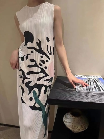 In Stock Miyake Dress Printed Elegant Elegant High-End Loose Slimming Look Elegant Round Neck Sleeveless Pleated Skirt
