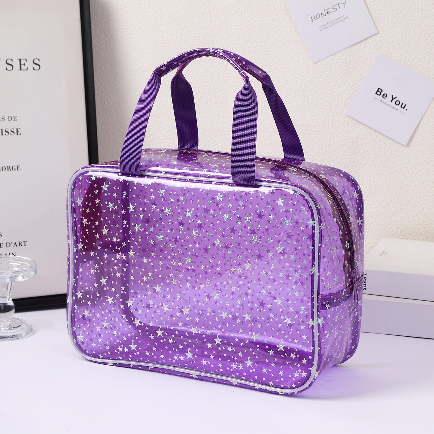 New Pvc Toiletry Makeup Brush Travel Zipper Tote Bag Cosmetic Small Star Makeup Bag Convenient and Large Capacity