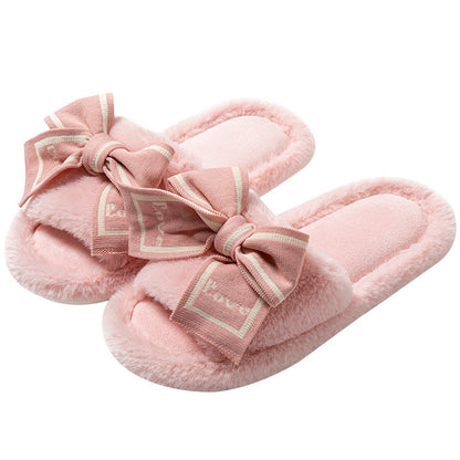 Foreign Trade Cross-Border Open-Toe Furry Bow Women's Indoor Home Wooden Floor Four-Season Furry Slippers