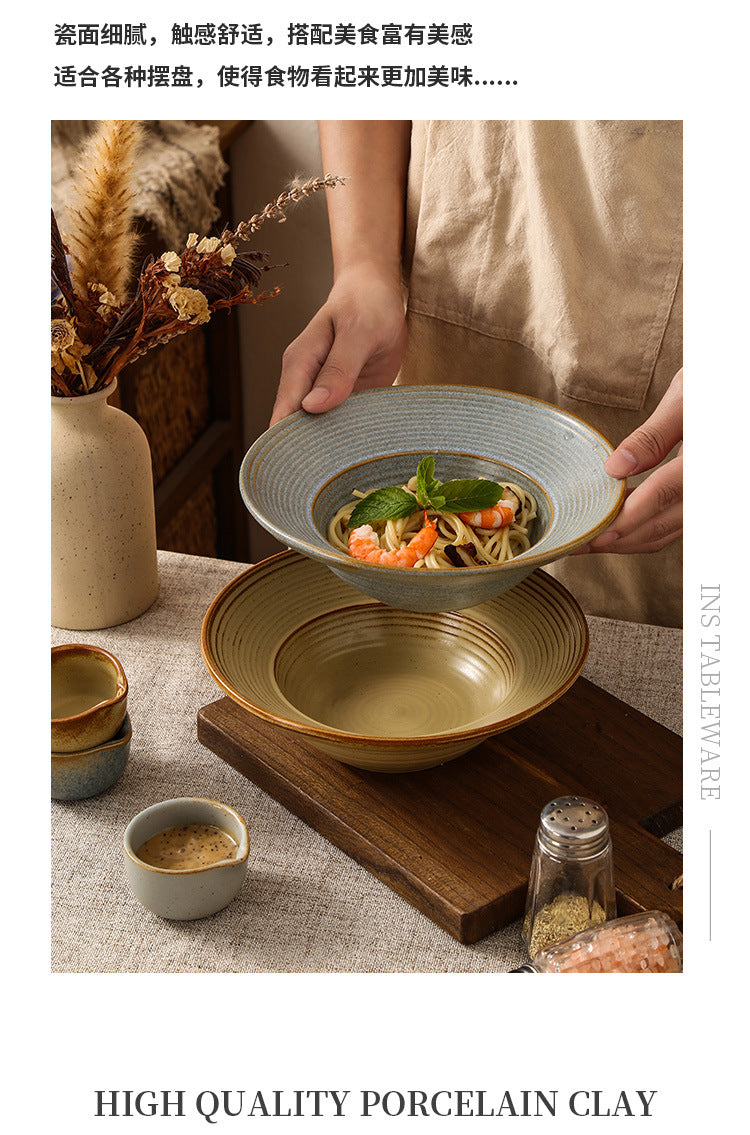 Retro Style Ceramic Kiln Straw Hat Plate Restaurant Hotel Home Threaded Pasta Plate Japanese Fruit Salad Snack Plate