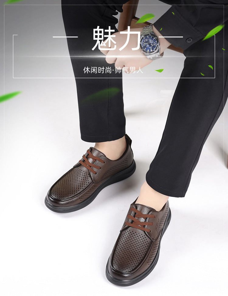Summer Men's Shoes for Middle-Aged and Elderly People, Genuine Leather Breathable Men's Sandals, Leather Shoes, Soft Soles, Hollow Casual Shoes, Clogs