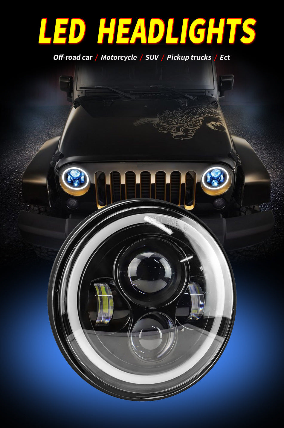 Car Led Headlights 7inch Wrangler Angel Eye Headlights Harley Motorcycle 60W Super Bright Headlights