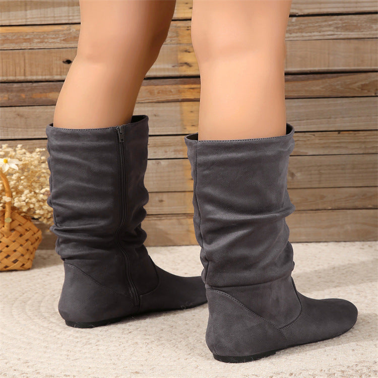 Free Shipping Cross-Border Pleated Fashion Boots with Inner Zipper, Flat Comfortable Women's Boots, Versatile European and American Style Flat Mid-Calf Boots