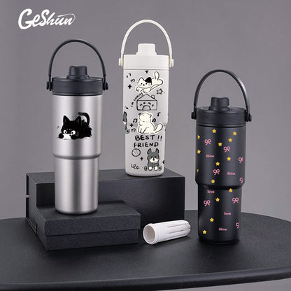 Cross-border high-value 316 stainless steel thermos cup large-capacity double-drink ceramic liner car cup portable handle cup
