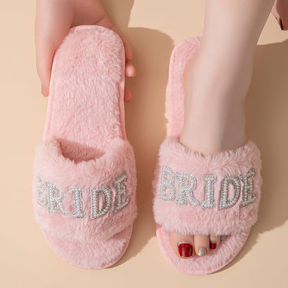 Beide Mrs Ido Pearl Letter Stuffed Slippers Wedding Party Bridal Fur Slippers Cross-Border Popular Cotton Slippers