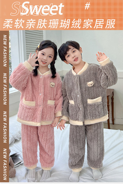 Boys and Girls Pajamas Cotton Velvet Home Clothes Autumn and Winter Children's Winter Pajamas Western Style Thickened Pajamas