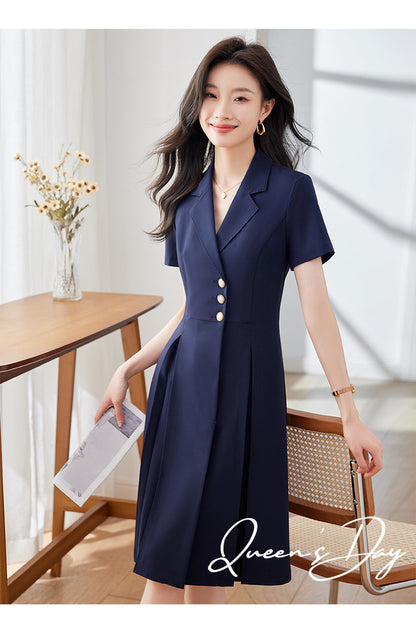 [Elegant Long Skirt] V-neck Short-sleeved dress High-end Work Clothes Mid-length Skirt Spring and Summer Business Wear Uniform