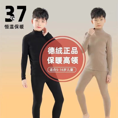Mid-high collar children's velvet thermal suit for boys ground plush cold-proof one-piece velvet large children's thick thermal underwear