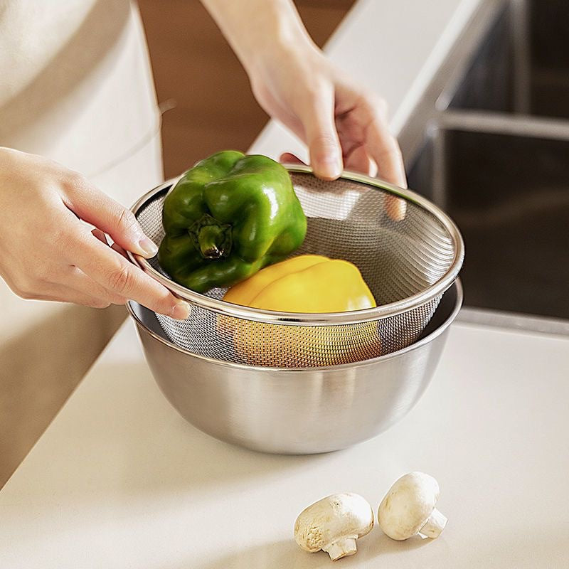 Cross-border Stainless Steel Thickened Vegetable Washing Basin Draining Basket Household Kitchen Rice Washing Artifact Vegetable Washing Basin Rice Washing Sieve Rice Washing Basin