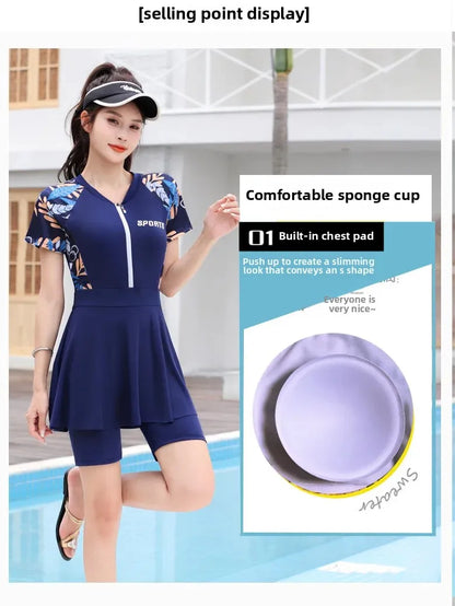 Women's Swimsuit Conservative Split Large Size One-Piece Hot Style High-End Slimming Look Belly-Covering Swimming Pool Professional Hot Spring Swimsuit