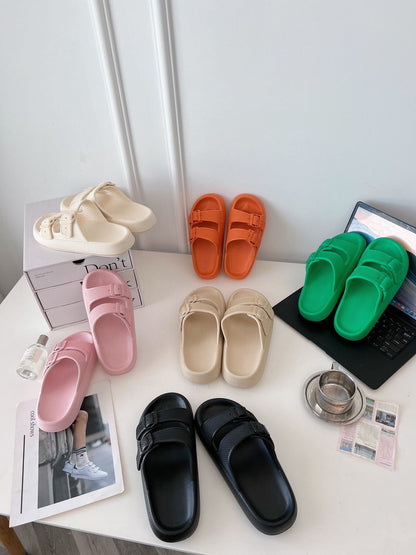 2026 New Thick-Soled Slippers, Wear-Resistant Double Buckle Eva Sandals, Couple's Summer Women's Outdoor and Indoor Slippers with a Soft Cushioning Feel